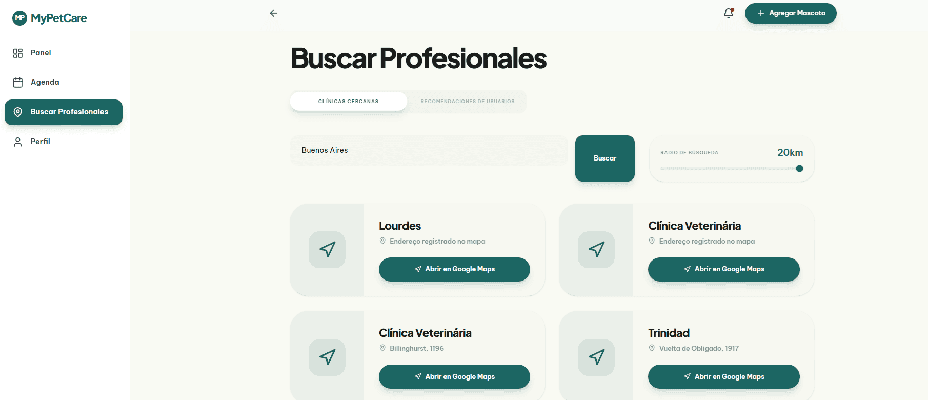 Búsqueda de veterinarios cercanos